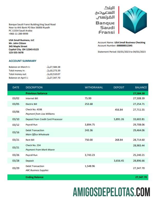 Realista Banque Saudi Fransi Company Extrato de conta corrente modelo Word e PDF